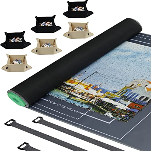 Pohxev Jigsaw Puzzle Mat Roll Up, Portable Saver Pad 43” x 26” Up to 1500 Pieces, Grey Puzzle Matt Rollup with Non-Slip Rubber Bottom & Smooth Top.