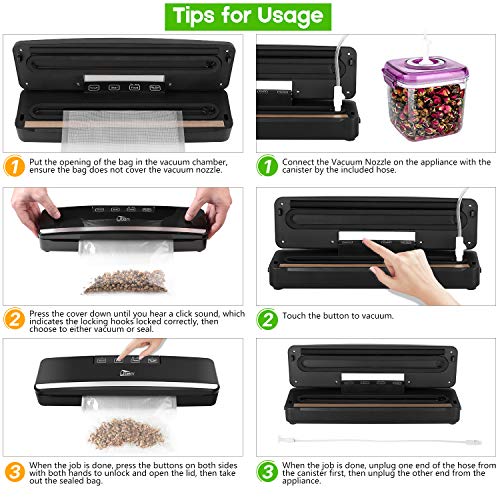 Uten Vacuum Sealer Machine, Automatic Food Sealer for Preservation with Air Suction Hose, Compact Design, Dry Moist Food Modes, Safety Certified, Led Indicator Lights - Black