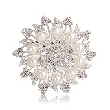 Valdler Fashion Jewelry Imitation Pearls Floral Ivory and Silver-Tone Crystal Brooch Pin