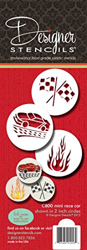 Designer Stencils C800 Mini Racecar Stencil Set, (Flame, Race Car and Checker Flag) Beige/semi-transparent