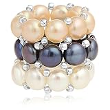 Unique Royal Jewelry Stretch Ring Cultured Pearl Multi Color White, Peacock and Peach with Silver-Tone Beads Set of 3