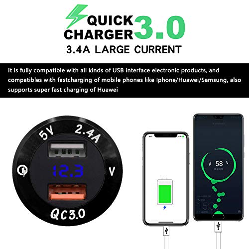 ShinePick Upgraded Aluminum Alloy Quick Charge 3.0 USB Charger Socket & 2.4A USB Port IP66 Waterproof Dual USB Power Outlet with Voltmeter for Car Boat Marine Rv Motorcycle(Blue)