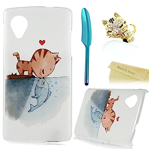 Nexus 5 Case,LG Nexus 5 Case - Mavis's Diary Painted Series Lovely Cat and Fish Kissing Pattern Clear Cover Hard Case for LG Google Nexus 5 with Bling Golden Cat Dust Plug&Blue Feather Stylus Pen