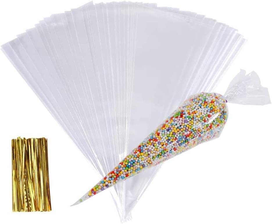 Sweet Cones Bags,100 pcs Transparent Plastic Cellophane Cone Bag with Gold Twist Ties