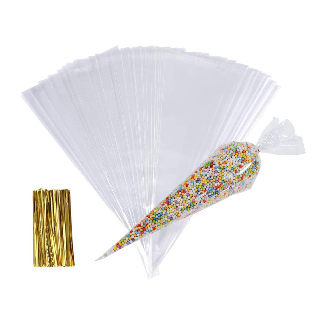 Sweet Cones Bags,100 pcs Transparent Plastic Cellophane Cone Bag with Gold Twist Ties, Clear Small Triangle Cello Treat Bags Popcorn Bags for Party Christmas and Festivals,16x30cm