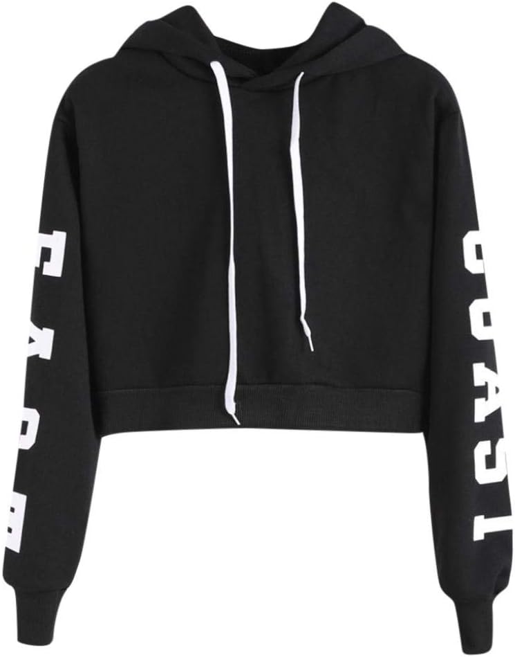 HARRYSTORE Womens Ladies Girls Hoodie Crop Tops Letter Print Long Sleeve Hooded Sweatshirt Cropped Sweat Tops Pullover Jumpers