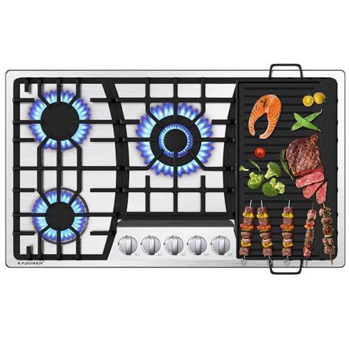 36 inch Gas Cooktop with Griddle, Bulit-in Gas Stove Top with 5 Burner, NG/LPG Convertible Cooktops, 5 Burner Propane Cooktop with Thermocouple Protection, Stainless Steel