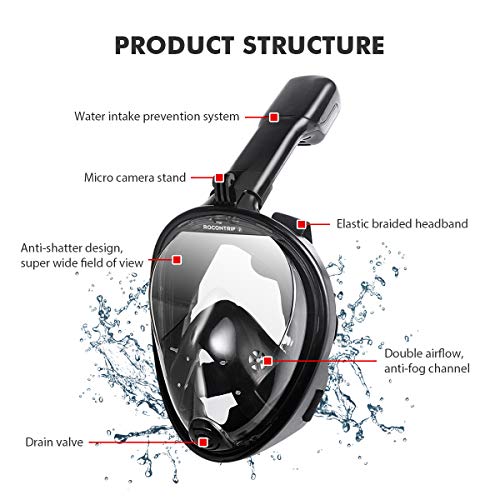 ROCONTRIP Full Face Snorkel Mask, Free Breathing 180° Panoramic View Diving Mask, Anti-Fog Anti-Leak and Adjustable Head Strap Snorkeling Mask for Men Women Adult (Black, L/XL) - Thumbnail 5