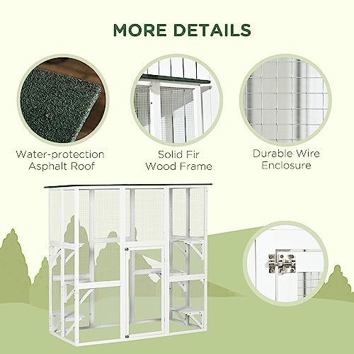 PawHut Outdoor Catio Cat Enclosure, Large Weatherproof Cat House with Asphalt Roof, 6 Jumping Platforms, Wooden Walk-in Kitty Cage for Multiple Kittens, 71" x 39" x 71", White