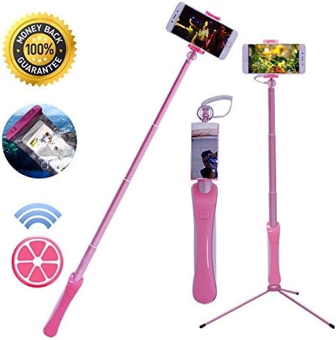 Bluetooth Selfie Stick Extendable Tripod with Remote for iPhone 6 7 8 X Plus Samsung Galaxy Android Phones 360 Degree Rotational Head and Mirror (PINK) (pink)