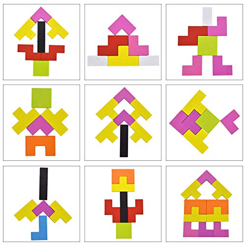 GEMEM 3 in 1 Wooden Tetris Puzzle Brain Teasers Toy Tangram Jigsaw Intelligence Colorful 3D Russian Blocks Game Montessori Toys for Children and Adults