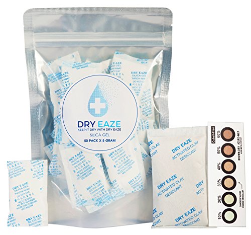 50 Pack x 5 Gram Silica Gel Packets Desiccant BONUS 50 Gram Activated Clay and 6 Dot Humidity Indicator Card