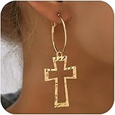 Delicate Gold Hammered Hollow Cross Hoop Earring, Thick Silver Vintage Lightweight Crosses Dangling Earrings for Women Statement Charm Party Jewelry Gift