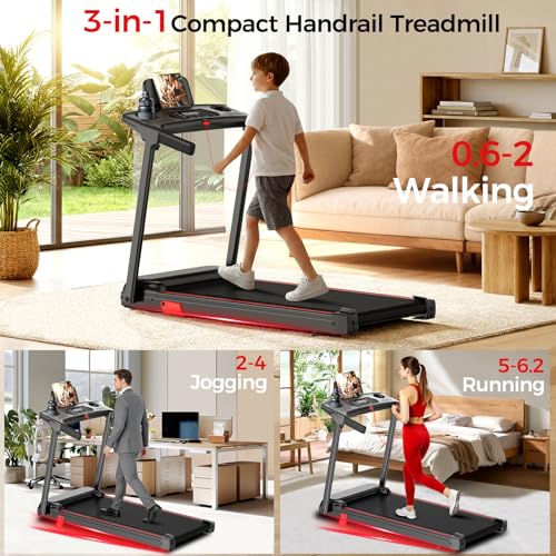 Walking Pad Treadmill with 12% Incline & Handrail, 3.0 HP Brushless Motor, 330 lb Capacity, 0.6-6.2 MPH, Compact Under-Desk Foldable Treadmill with LED Display and Cup Holders for Home Office