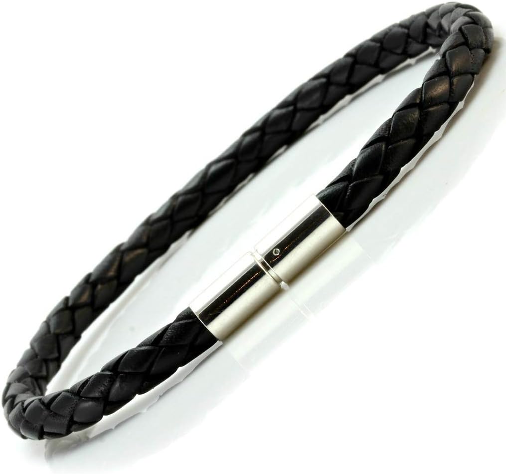 CMJ LondonMens Black Leather Bracelet with Sterling Silver Twist Clasp-5mm Braided Cord 7-9 Inches