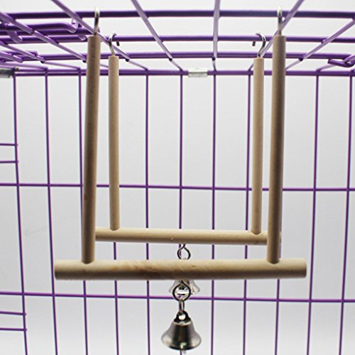 Hukai Birds Perch Parrot Play Toys Stand Holder natural Wooden Swing Bell Cage Hanging