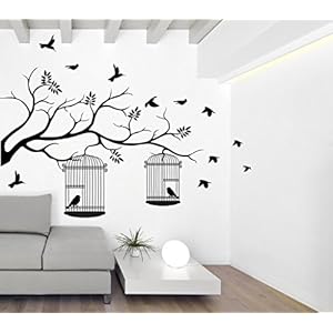 Wallstick Vinyl ‘Tree with Birds and Cages’ Wall Sticker ( 49 cm x 4 cm x 4 cm, 69-WL-0009)