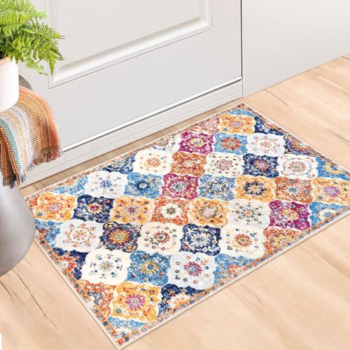 KUTA Moroccan Rugs for Entryway 2x3 Washable Small Rug, Entrance Rug Non-Slip Ultra Soft Print Vintage Low-Pile Indoor Door Mat Floor Carpet