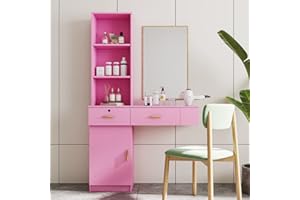 SSLine Modern Salon Station Pink Wall Mounted Styling Sation Wood Salon Cabinet for Hair Stylist Barber Shop Classic Beauty Spa Locking Storage Table with Drawers Shelves and Tool Insert Holes