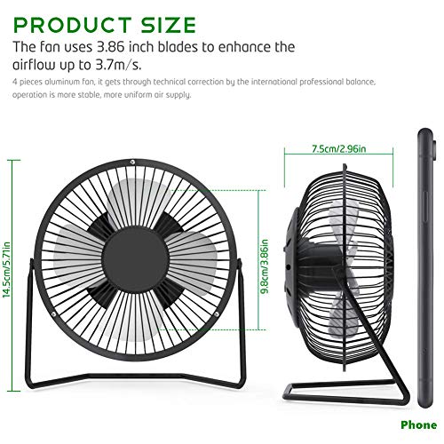 USB Fan 4 Inch Mini USB Desk Table Fan Personal Portable Desktop Cooling Fan Powered by USB PC Netbook for Camping Home Office Outdoor Travel, Strong Wind, Black