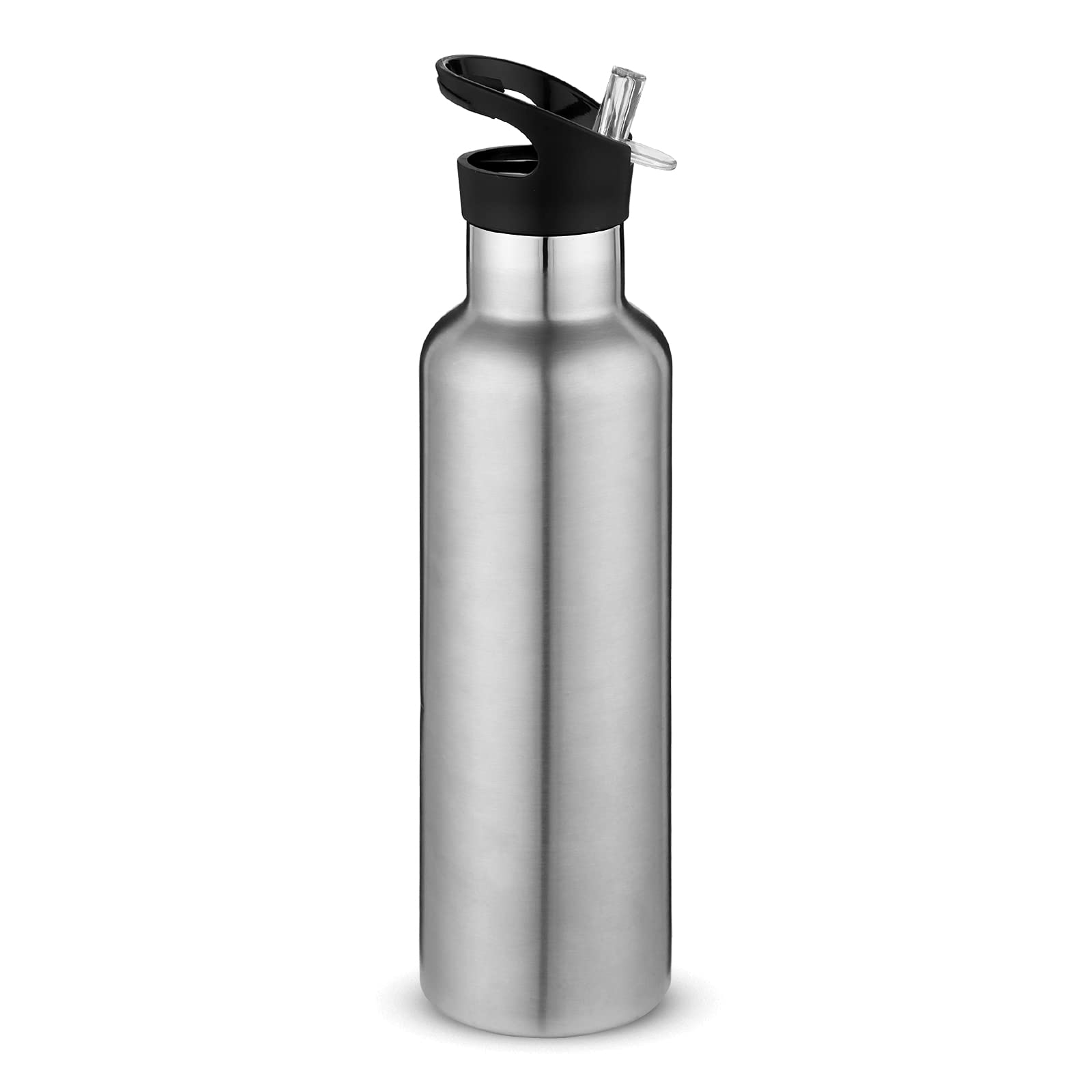 Volhoply Silver Stainless Steel Water Bottles, 750ml Vacuum Insulated Double Wall Travel Bottle with Leak-Proof Straw Lid of Handle,Metal Reusable Standard Mouth Flask for Hikers,Gift