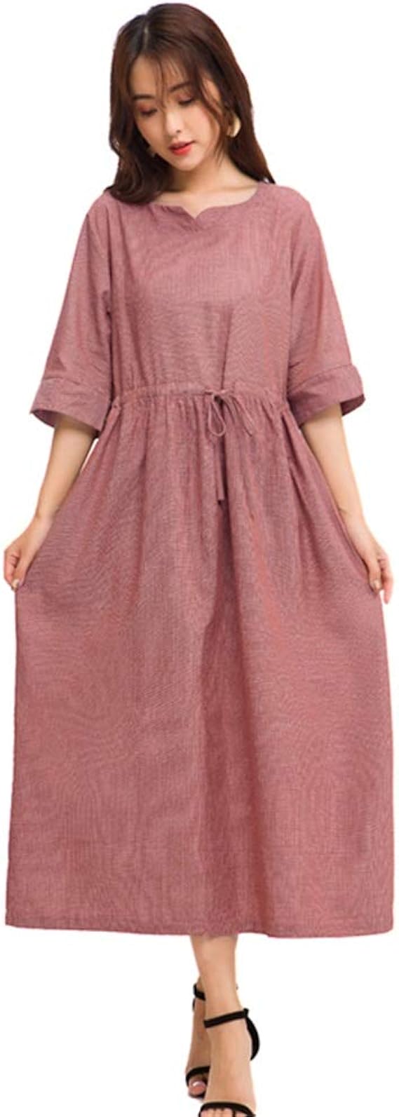 Amazon ワンピース レディース ロング ミモレ 大きいサイズ 五分袖 きれいめ 春夏秋 カジュアル かわいい ドレス 綿 コットン Aライン 上品 リゾート ロングワンピース ゆったり リボン ナチュラル マタニティー 女の子 大人 2色 ワンピース チュニック 通販