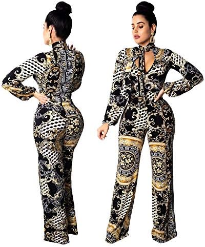 Gamery Women Casual African Jumpsuits - with Long Sleeve Wide Leg Pants