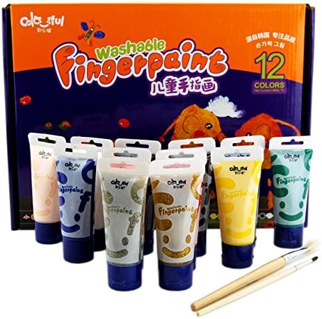 Colaful 12 Colors Washable Finger Paint Set with 2 Paint Brushs for Kids,Non-toxic,Eco-Friendly