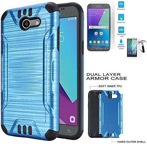 Phone Case Compatible for Samsung Galaxy J3-Luna-Pro / J3-Emerge/Galaxy-Express-Prime-2 4G LTE Tempered Glass with Dual-Layered Cover (Combat Brush Blue-Black TPU-Tempered Glass)