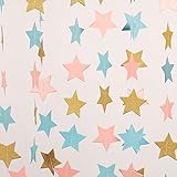 ZOOYOO Paper Five-Pointed Star Garland Dots Hanging Decor, Five-Pointed Star Event & Party Supplies,2'' high,9.8-feet Golden Light Blue Pink,2pcs