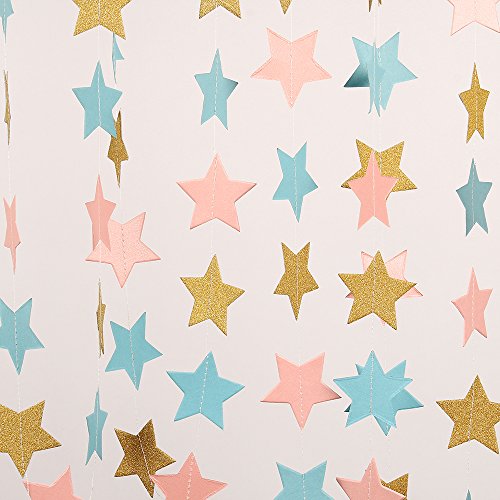 ZOOYOO Paper Five-Pointed Star Garland Dots Hanging Decor, Five-Pointed Star Event & Party Supplies,2'' high,9.8-feet Golden Light Blue Pink,2pcs