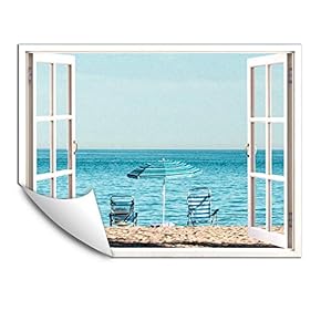 Wall Murals for Bedroom Fake Window Beach White Window Removable Wallpaper Peel and Stick Wall Stickers - 24x32 inches