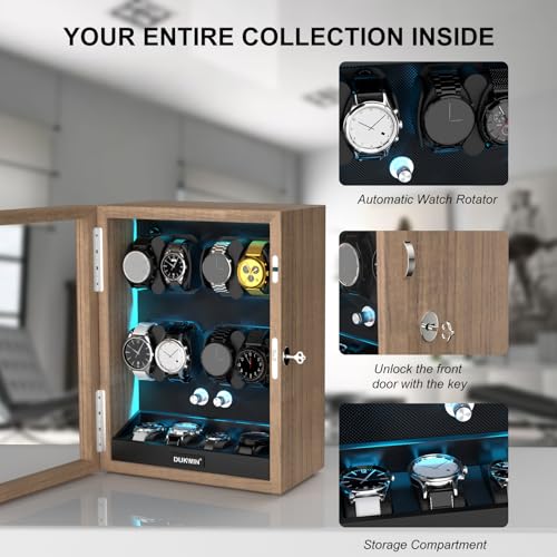 DUKWIN Watch Winder for 4/6/8/12 Automatic Watches, Lockable Automatic Winders with Extra 4/6 Watch Storages, 4 Rotation Modes, Quiet Mabuchi Motor, Sfot Watch Pillows and Blue Backlight