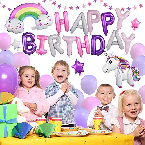 Happy birthday banner, toy story birthday party supplies Unicorn Party Decoration for Girl Boy Birthday, birthday decorations, Gold Balloons, Pink & Purple Balloon