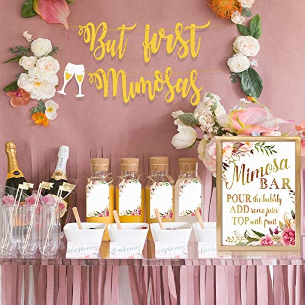 Mimosa Bar Sign Banner Tags Gold Floral Decorations Bridal Shower