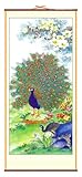 Peacock Courting Peahen ~ Rattan Scroll Picture Asian Art Ratan Decor Feng Shui
