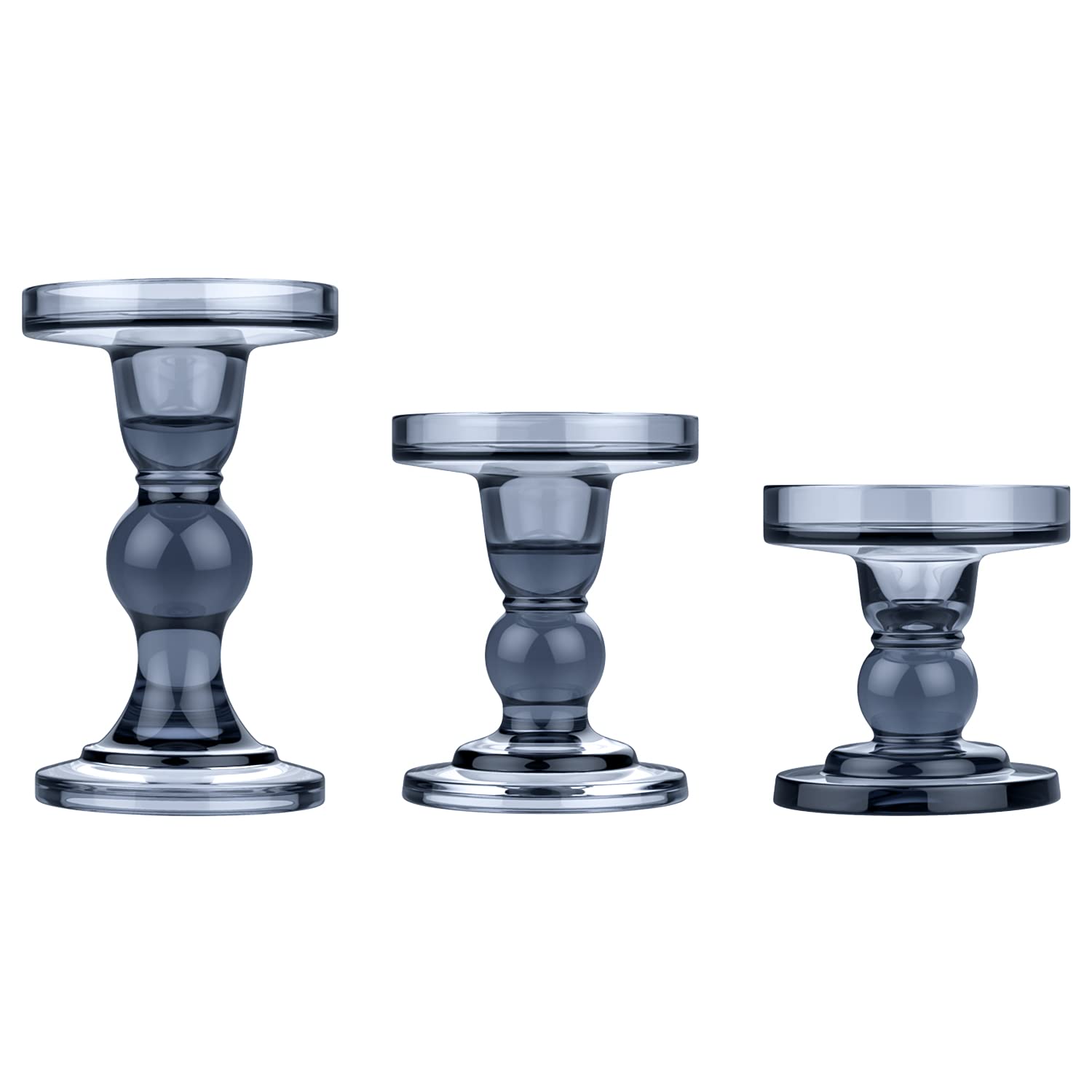 Lewondr Glass Candle Holders, 3 Pieces Crystal Clear Candlesticks With Elegant Design for Pillar Taper Candle and Tea light, Home Table Living Room Wedding Party Decorations Home Décor - Smoky Blue