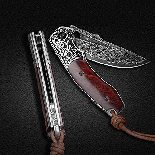 TURENZ Folding Tactical Knife with 3inch Handmade Damascus Steel Blade