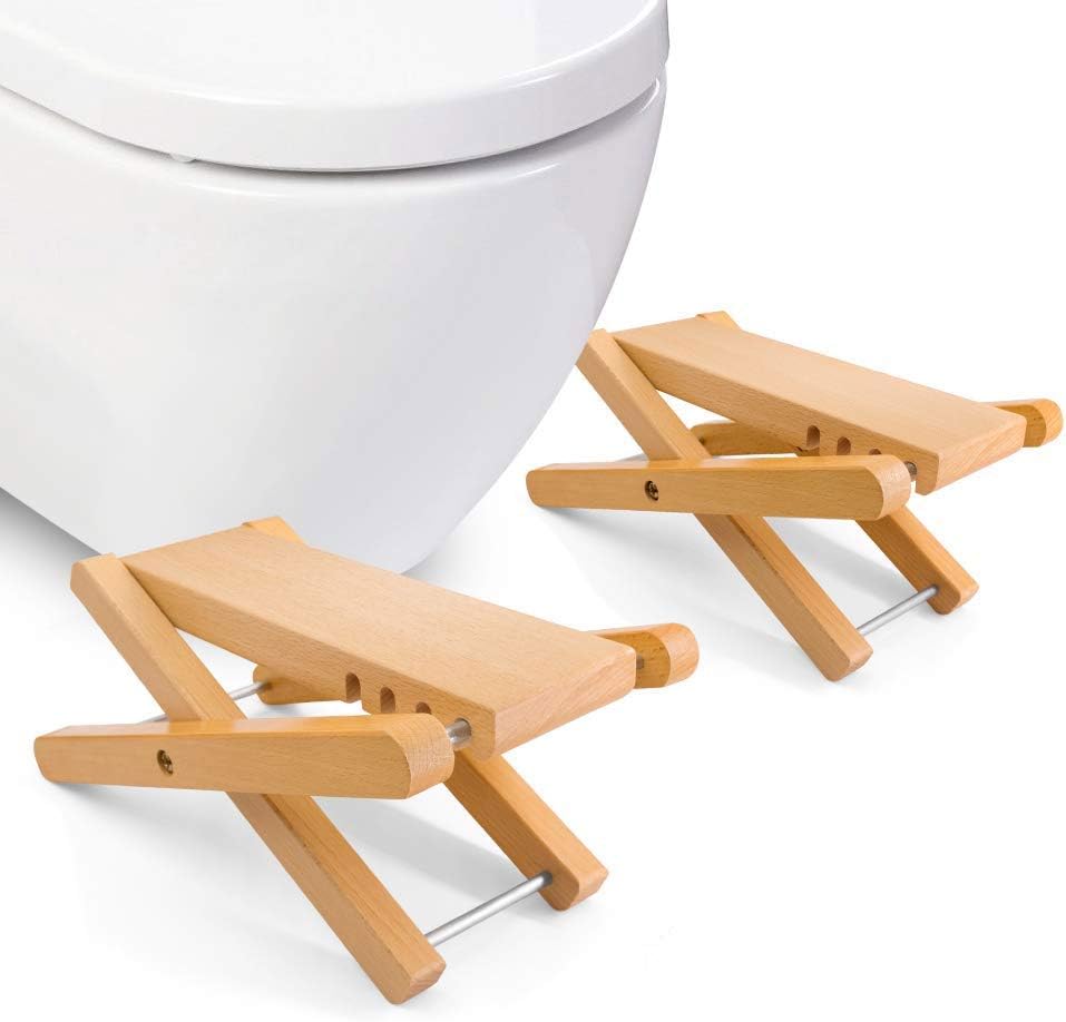 QIANGGAO Squatting Toilet Stool Fodable Bamboo Wood Bathroom Poop Stool Four gear Adjustable for Adults Potty Step Stool for Toilet Posture and Healthy Release (One Pair)