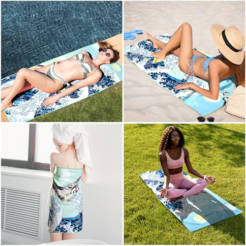 Funny Cat Beach Towel,Surfer Cat Beach Towel Battle Blue Ocean Great Wave Cotton Blend Towel Soft Absorbent for Kids Men Women Camping Towel for Gym, Hiking, Pool, Bath, Yoga,Travel Vacation