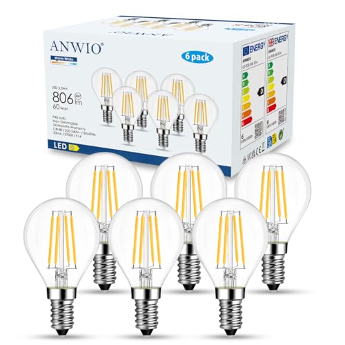 ANWIO 6 × 5.5 W LED Filament Bulb, Equivalent to a Power of 60 W, Warm Light LED Bulb with E14 Base, 806 Lumens, 2700 K Warm White, Retro Style G45 Bulb, Non-Dimmable.
