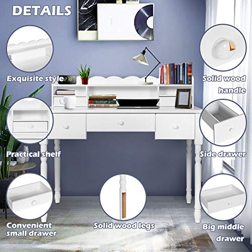 FUNKOCO White Writing Desk with Detachable Hutch& 5 Drawers,Modern