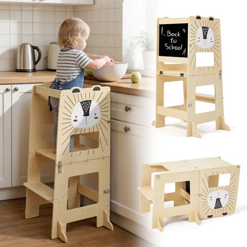 labebe Montessori Tower Kids (98cm Height), Large Size Wooden Folding Montessori Tower, 3 in 1 Kids Desk and Chair Set Transformable with Chalkboard