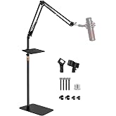 BILIONE Mic Stand Floor Boom Arm for Studio, Podcast, Recording, Streaming | Included Tray &amp; Microphone Holder, Space-saving 5.5 lbs Base, Adjutable Height 30"&ndash;70", Compatible with Yeti, SM58, QuadCast
