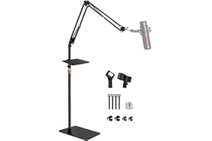 BILIONE Microphone Stand with Weighted Base, Mic Floor Stand Boom Arm with Mic Accessory Tray, Microphone Clip Holder, 3/8" to 5/8" Screw Adapter, Cable Ties