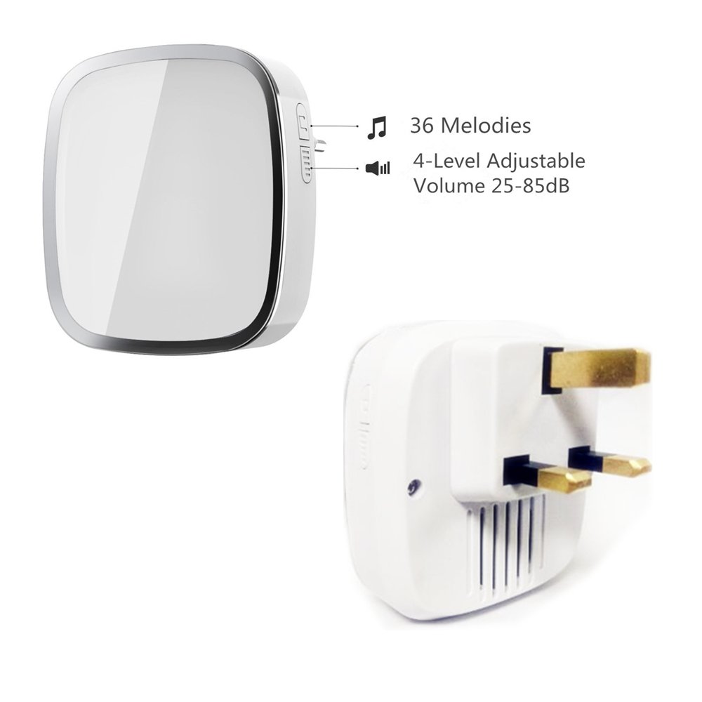 Wireless Doorbell, Weatherproof Wall Plug-in Cordless Door Chime at 1000-feet Range with 36 Tunes, 1 Push Button & 2 Receivers Without Battery Required (White)