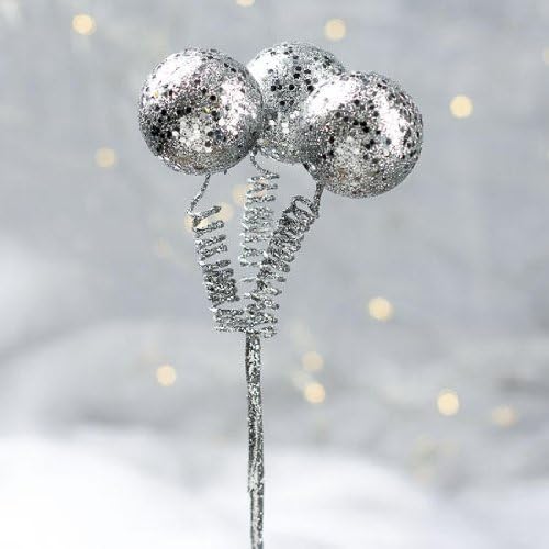 12 Silver Glitter Glitzy Round Ball Picks for Holiday and Party Decorating