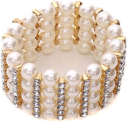 Bridal Bracelet Gatsby 4 Rows Simulated Pearl Elastic Stretch Bracelets Accessories Jewelry Bracelet (white)