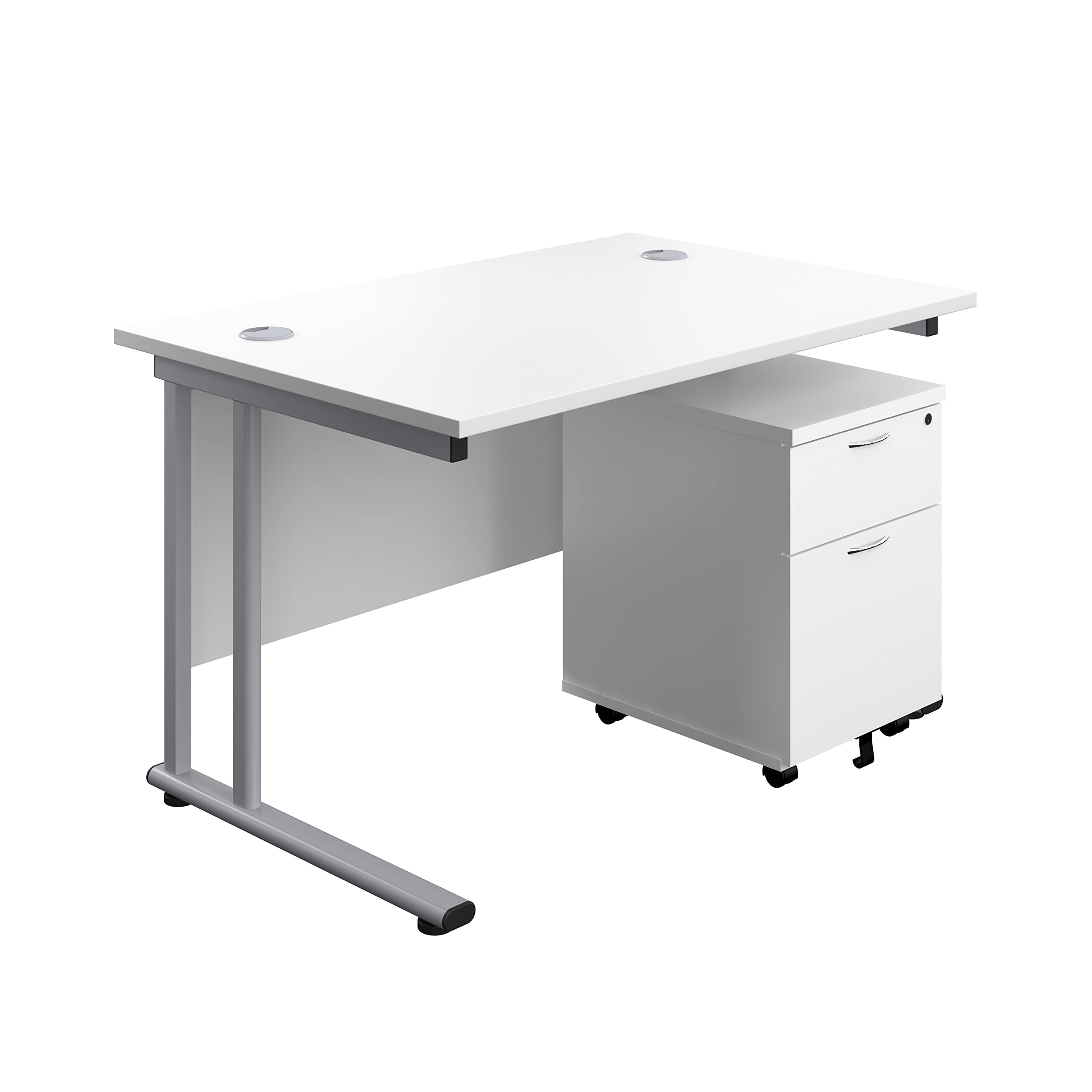 Office Hippo Professional Cantilever Office Desk With 2 Drawer Mobile Pedestal, Wood, White, Silver Frame, 120 x 80 x 73 cm