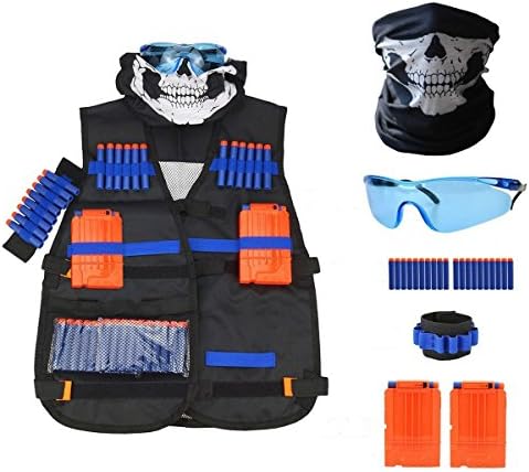 FATPET Tactical Vest Kit for Nerf Guns N-Strike Elite Series with 20 Pcs Refill Darts, 2 Reload Clips, Hand Wrist Band, Face Tube Mask and Protective Glasses